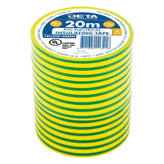 DETA 20m x 18mm Yellow / Green Insulation PVC Tape - 5 Pack