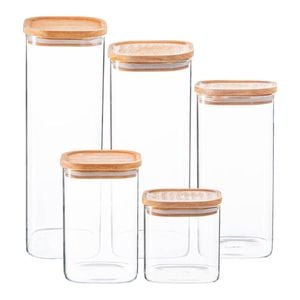 Argon Tableware Glass Storage Jar Set With Airtight Wooden Lids - 5 Sizes Square Cube Kitchen Storage Container Preserving Jars