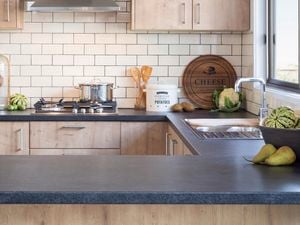White tiles in a kitchen.