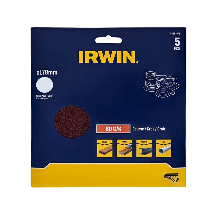 IRWIN 178mm 60 Grit No Holes Quick Fit Random Orbital Sanding Discs - 5 Pack