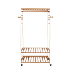 P&P Brown Wooden Bamboo Rolling Clothes Rack With Top & Bottom Slatted Shelves And Side Hooks