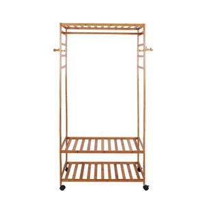 P&P Brown Wooden Bamboo Rolling Clothes Rack With Top & Bottom Slatted Shelves And Side Hooks