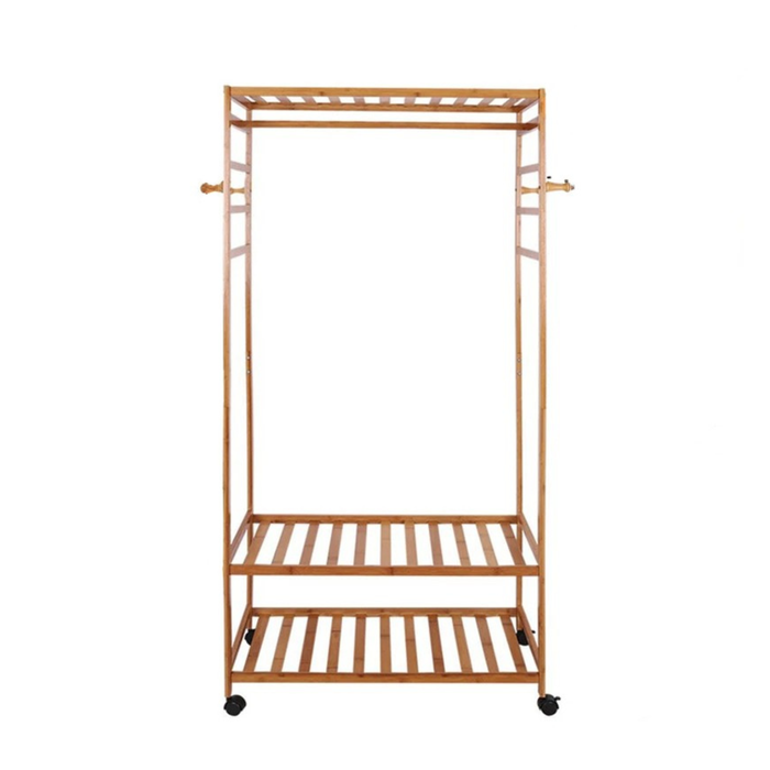 P&P Brown Wooden Bamboo Rolling Clothes Rack With Top & Bottom Slatted Shelves And Side Hooks