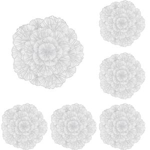 Catzon 6 Pcs Placemats Round Flower Pvc Hollowed-out-silver