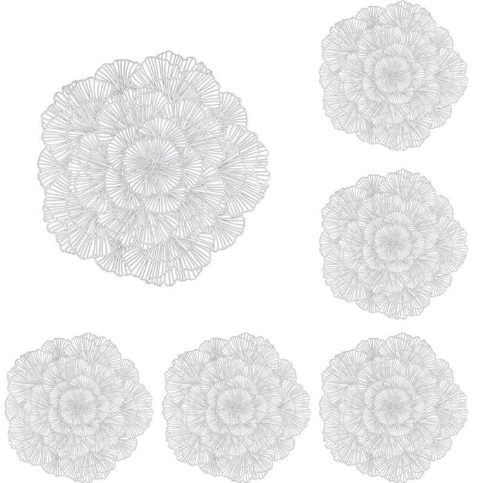 Catzon 6 Pcs Placemats Round Flower Pvc Hollowed-out-silver