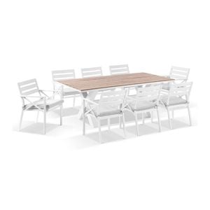Kansas 2m Outdoor Teak Timber And Aluminium Dining Table White With 8 Chairs & Textured Olefin Grey Cushion