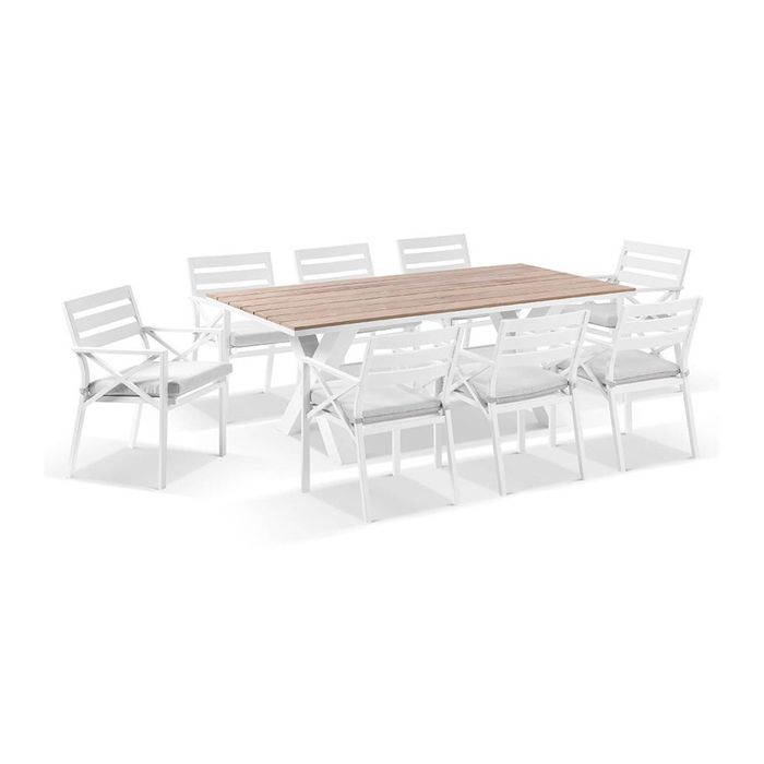 Kansas 2m Outdoor Teak Timber And Aluminium Dining Table White With 8 Chairs & Textured Olefin Grey Cushion