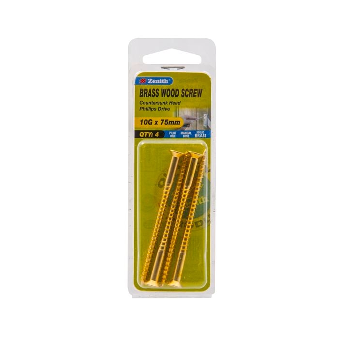 Zenith 10g x 75mm Brass Countersunk Head Wood Screws - 4 Pack