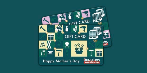 Mothers Day Bunnings gift cards on a green background.