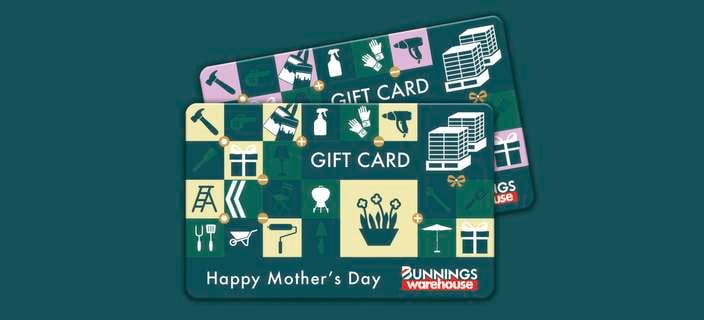 Mothers Day Bunnings gift cards on a green background.