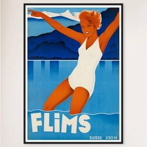 Galrie Stunning Vintage Travel Poster of Flims, Switzerland European Art Print Art Décor, Black Frame, A2 42x 60cm (16 x 24inch)