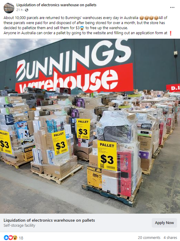 Image of a known facebook scam with pallets for 3 dollars