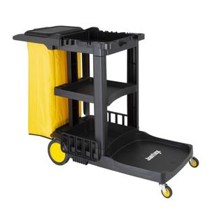 Jantex Janitorial Cleaning Trolley Black 990h X 1300w X 490dmm Multi-use Storage Shelves Hooks Clips