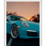 Galrie Blue Sports Car at Sunset - Modern Automotive Art Photography Print, White Frame, A3 30 x 42cm (12 x 16inch)