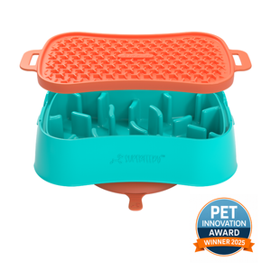 Super Feedy Versatile Small 4 In 1 Slow Feeder Dog Bowl - Teal Bowl/ Salmon Reversible Lick Mat
