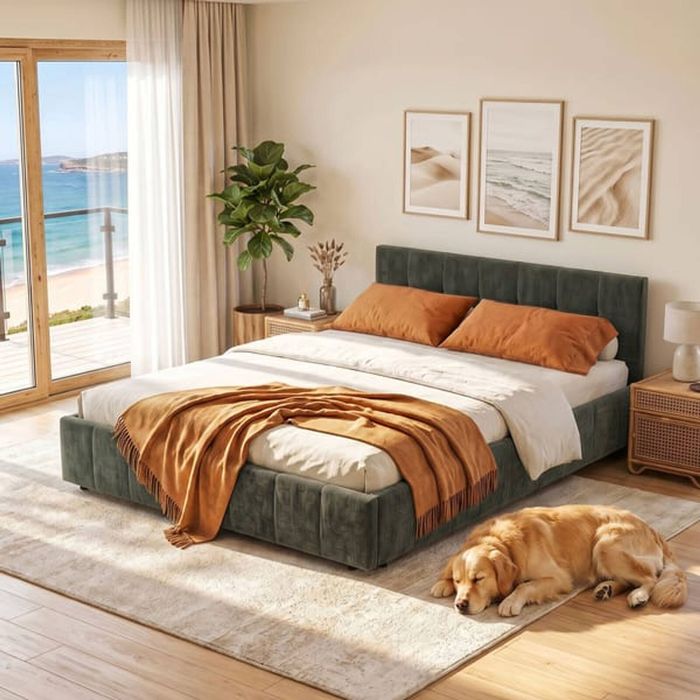 HOMFURN Double Bed Frame Chenille Upholstered Platform Base, Green 300kg Support, No Box Spring Needed