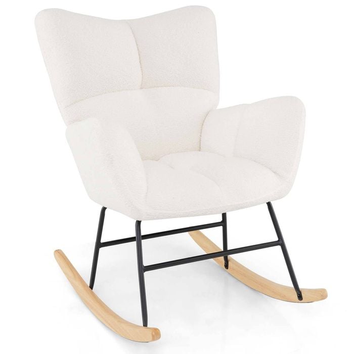 Costway Ergonomic  Rocking Chair Teddy Velvet Armchair - Beige