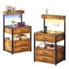 Ufurniture Side Table Set of 2 with Charging Station and LED Lights  Walnut