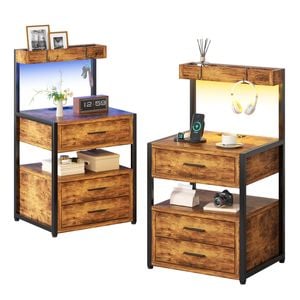 Ufurniture Side Table Set of 2 with Charging Station and LED Lights  Walnut