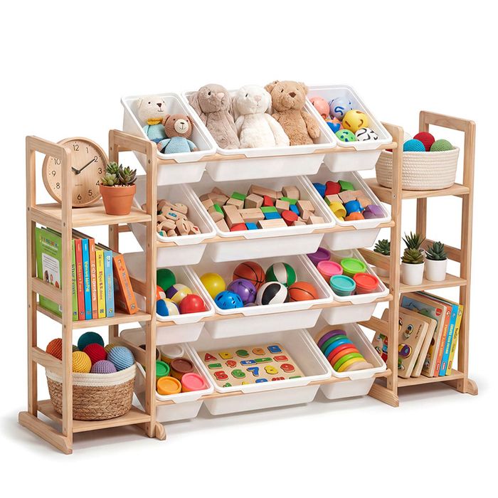 PlayPals Wooden Toy Storage Organizer w/Dual Side Shelves & 12 Storage Bins Cabinet White