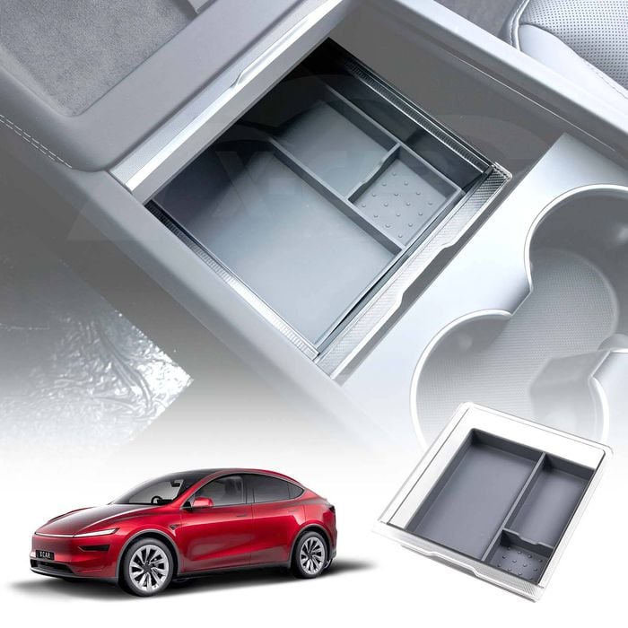 Centre Console Front Organizer Tray for Tesla Model Y Juniper 2025-Onwards with Grey Silicone Mat