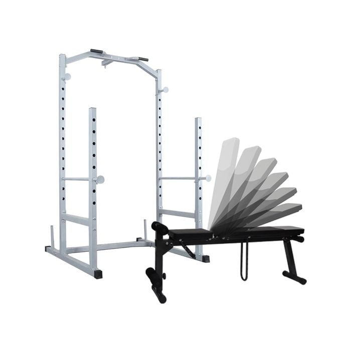 Power Cage Squat Rack + Adjustable Weight Bench - Home Gym Strenth Training