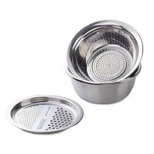 Anygleam Silver Stainless Steel Basket Strainer Bowl With Vegetable Cutter/ Slicer For Buffet And Restaurant Kitchenware