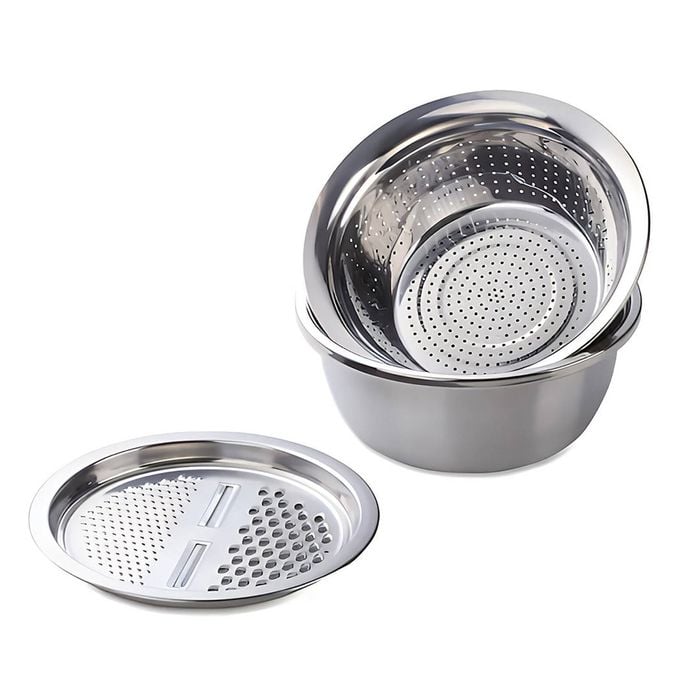 Anygleam Silver Stainless Steel Basket Strainer Bowl With Vegetable Cutter/ Slicer For Buffet And Restaurant Kitchenware