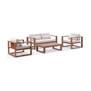 Santorini 2+1+1 Outdoor Aluminium Lounge Set Teak Look With Coffee Table & Cream Cushions