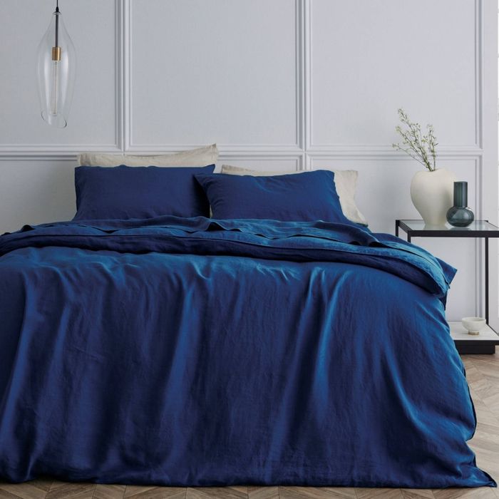 Bedding Co. Quilt Cover Set 100% French Flax Linen Navy Blue Super King