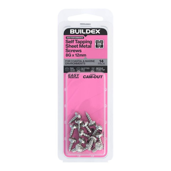 Buildex 8G x 12mm SS316 Self Tapping Sheet Metal Screws - 14 Pack