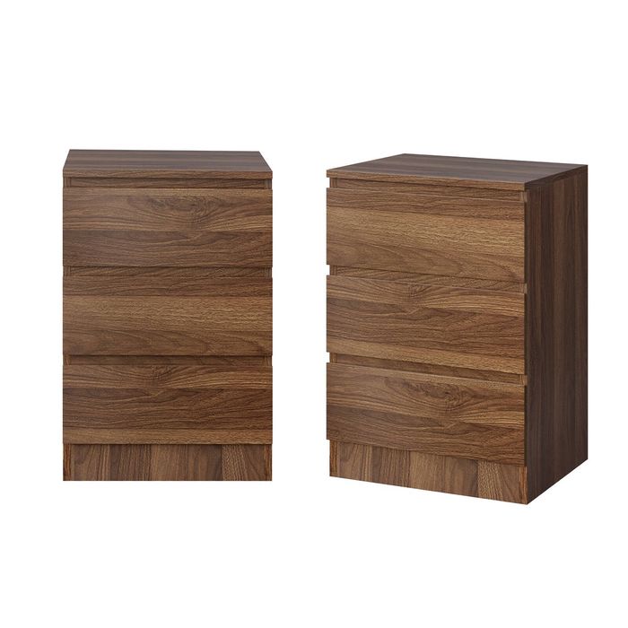 Oikiture 2x Bedside Table 3 Drawers Side Table Storage Cabinet Nightstand Walnut