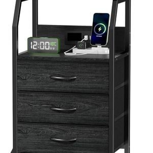 Ufurniture Nightstand 3 Fabric Drawers Bedside Table With Charging Station For Bedroom Living Room Black