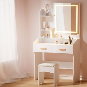 Dressing Table with Mirror Lights, LED Mirror Makeup Stool Set Wooden Vanity Desk Chair, Drawers Shelves Tabletop, White