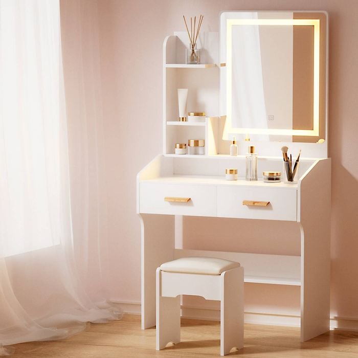 Dressing Table with Mirror Lights, LED Mirror Makeup Stool Set Wooden Vanity Desk Chair, Drawers Shelves Tabletop, White