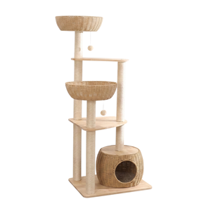 Oak Cat Tower – 6 Levels With Woven Rattan Beds