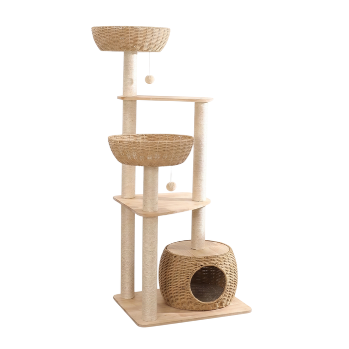 Oak Cat Tower – 6 Levels With Woven Rattan Beds