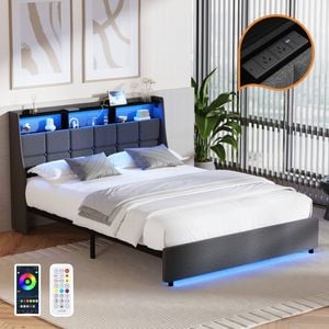 Oikiture Bed Frame Double Size With Led Light USB Charging Storage Headboard