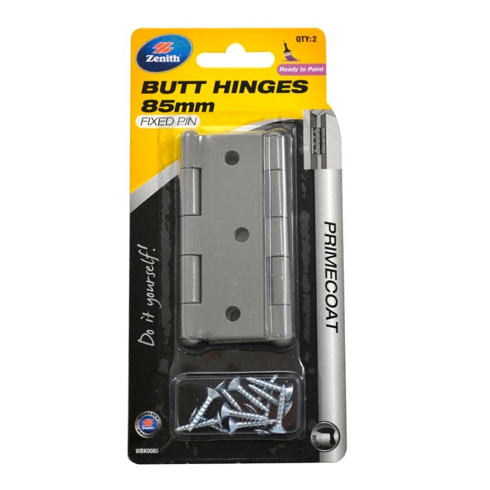 Zenith Butt Hinge Fixed Pin 85mm Primecoat - 2 Pack