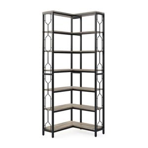 Oakory 7-tier Hexagonal Corner Bookshelf 200cm With Railings Black Metal Frame, Grey Wood Shelves