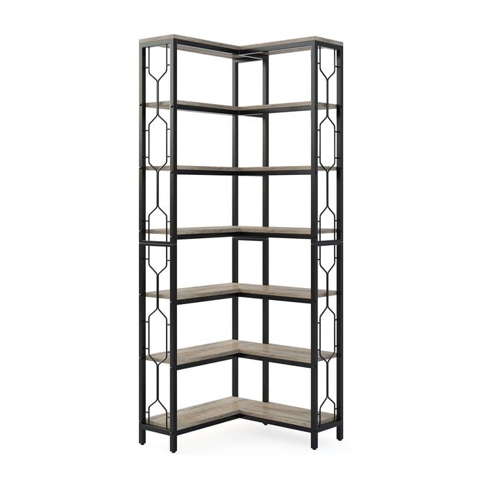 Oakory 7-tier Hexagonal Corner Bookshelf 200cm With Railings Black Metal Frame, Grey Wood Shelves