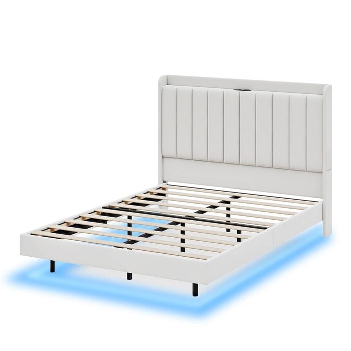 Ufurniture LED Floating Bed Frame with Charging Station Queen Beige Velvet