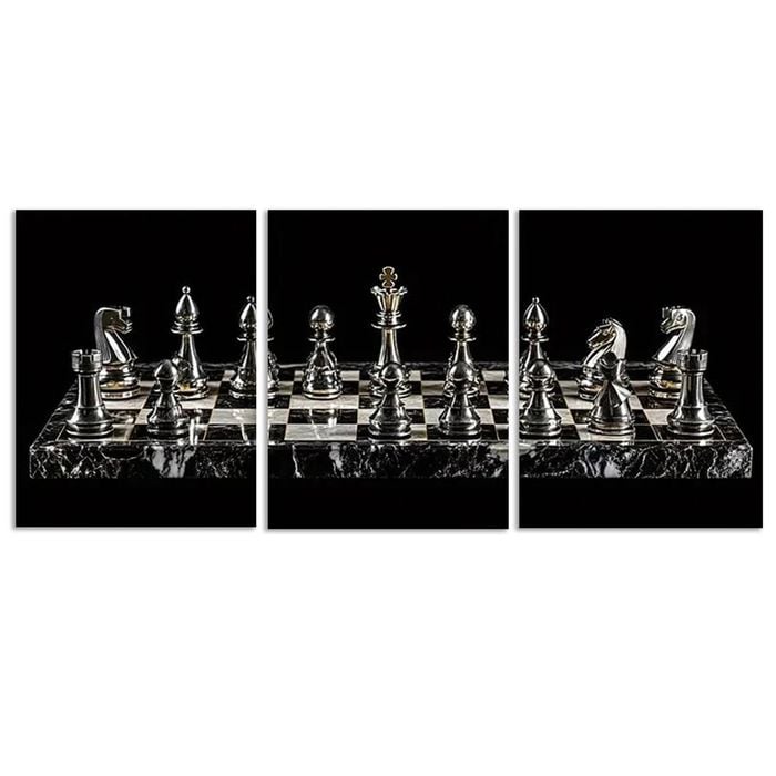 3pcs A chess board with Silvery pieces on it Print 100% Australian Made 3 x 40x60cm (Metal Print)