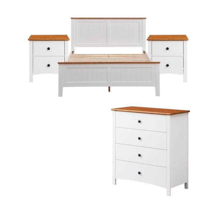 Harbourview 4pc Set Queen Bedroom Suite Bed Frame Bedside Table Tallboy Brown White