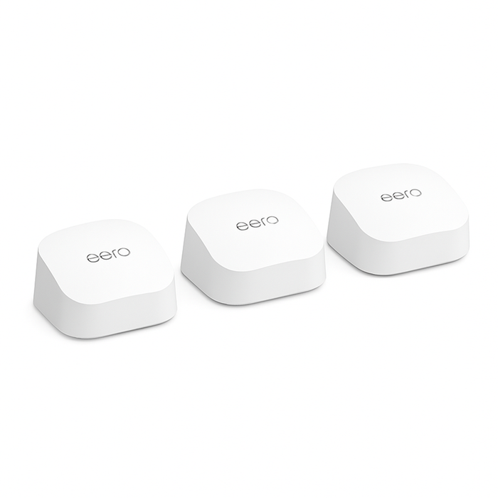 Amazon eero 6. Mesh Wi-Fi 6 Router & Extenders. Fast 500 Mbps Wi-fi for 3-4 Bedroom Homes. 3 Pack.