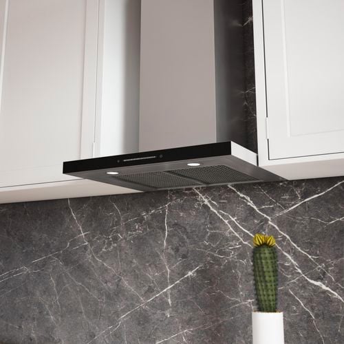 Marble look splashback with stainless steel 60cm canopy rangehood