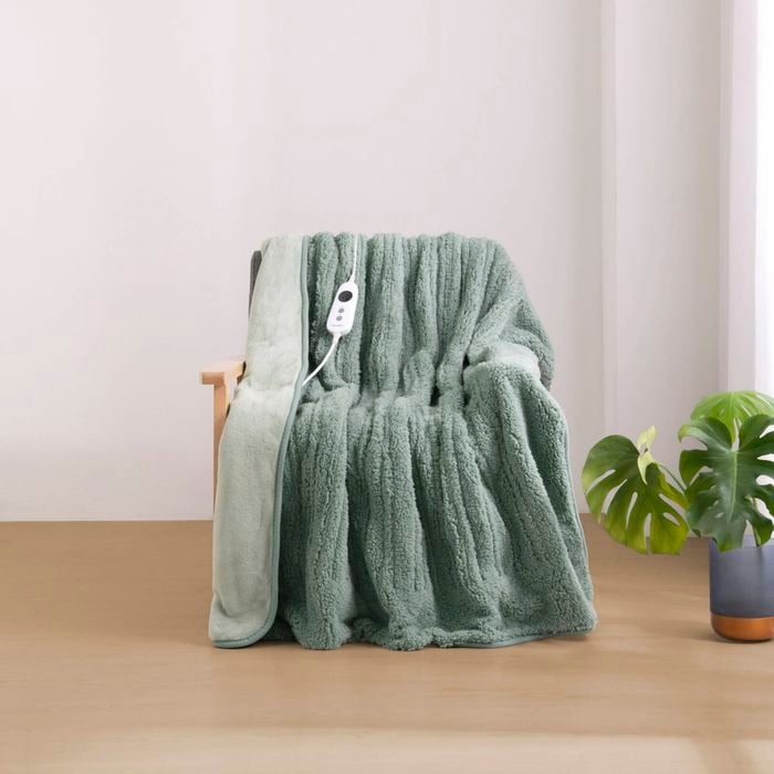 Dreamaker Eve Reversible Sherpa & Coral Fleece Electric Heated Throw Blanket Olive & Sage 130 x 160cm | Overheat Protection