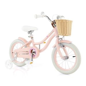 Costway 36cm Kids Bike W/training Wheels & Retro Basket Adjustable Bicycle Pink