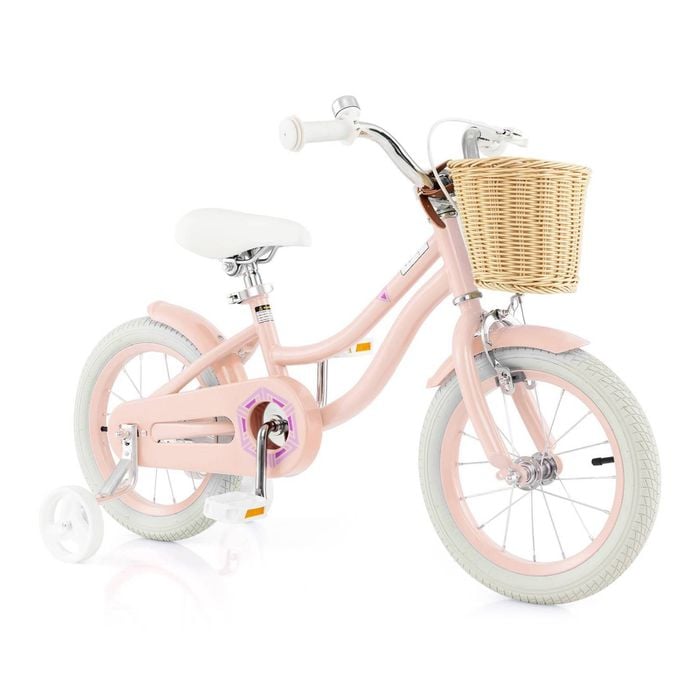 Costway 36cm Kids Bike W/training Wheels & Retro Basket Adjustable Bicycle Pink