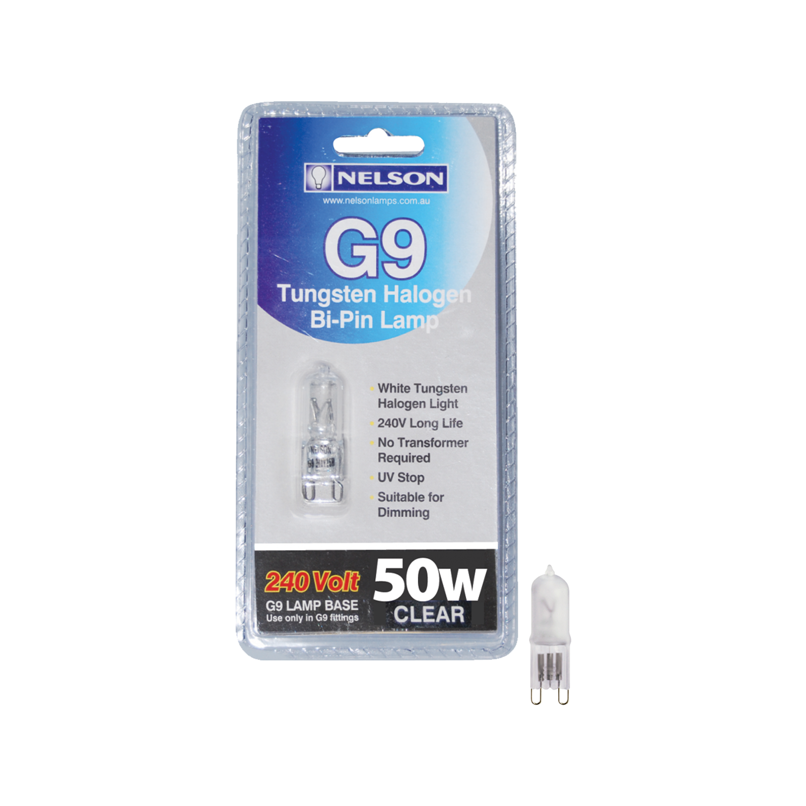 Nelson G9 50W Tungsten Halogen Clear Ice Blue Globe